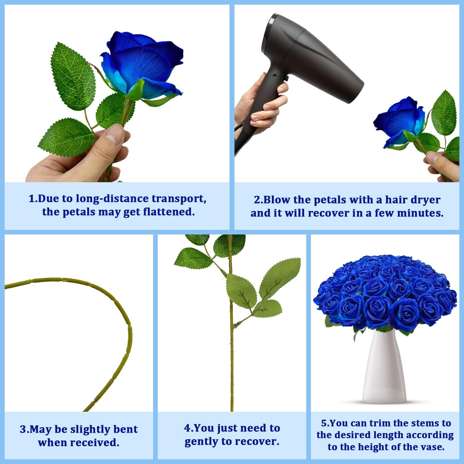 Wondrus 50 PCS Royal Blue Artificial Flowers Fake Velvet Blue Roses with Stems