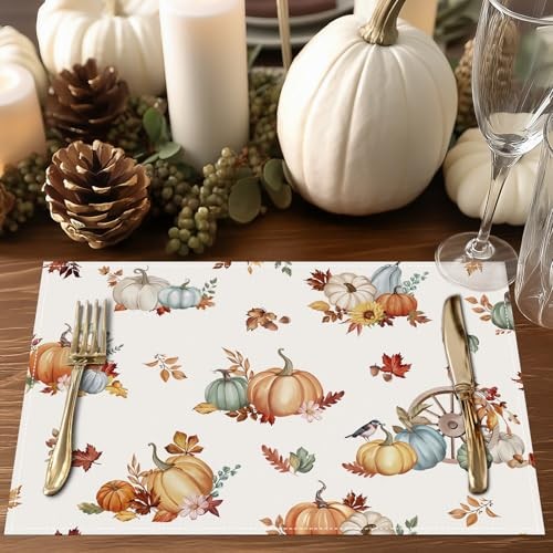 Fall Pumpkin Placemats Set of 4, 12×18 Inch Autumn Maple Leaves Pumpkin-3