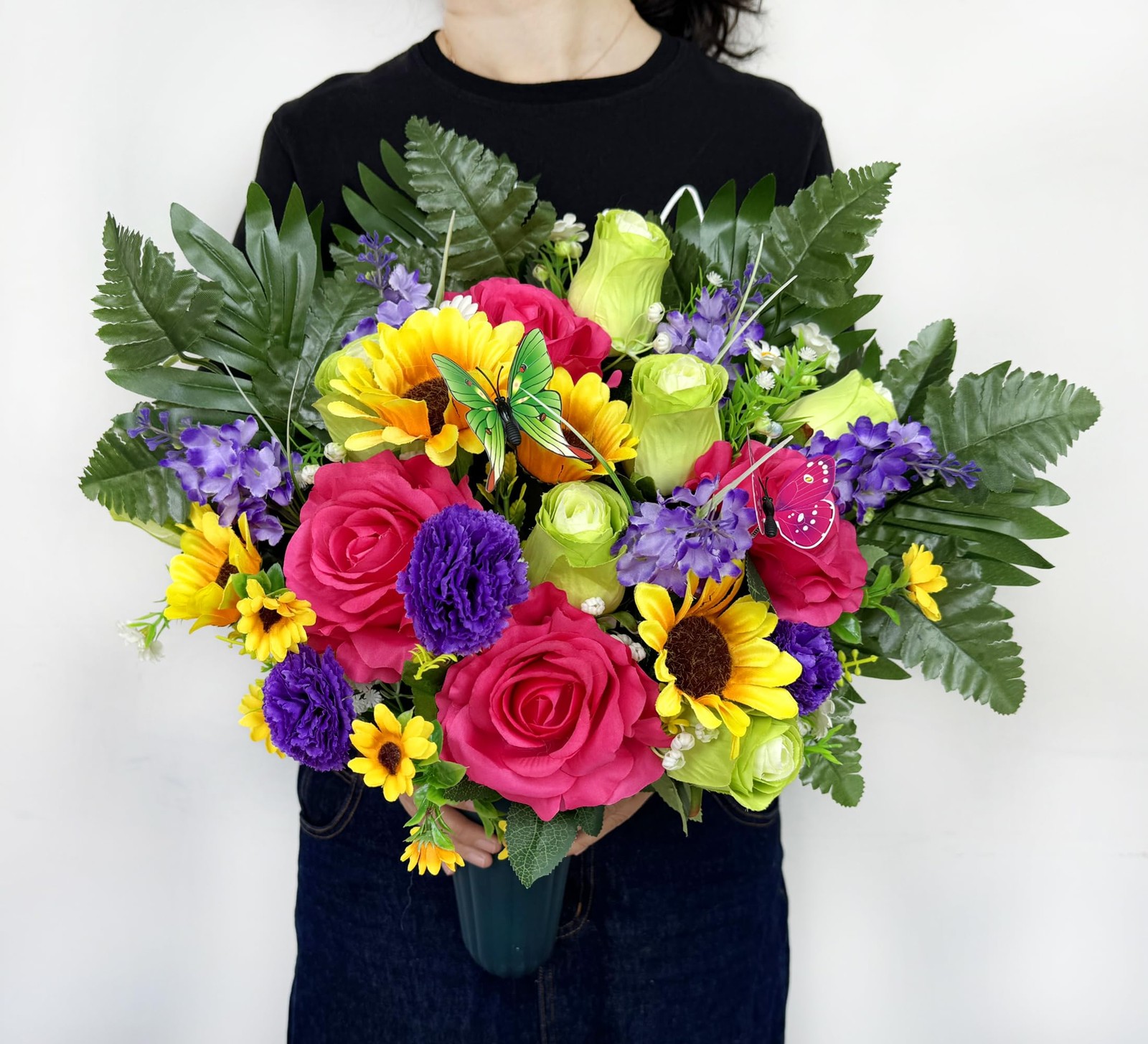 Grave Flowers Colorful Memorial Silk Bouquet With Vase Graveyard Decor 1 PCS