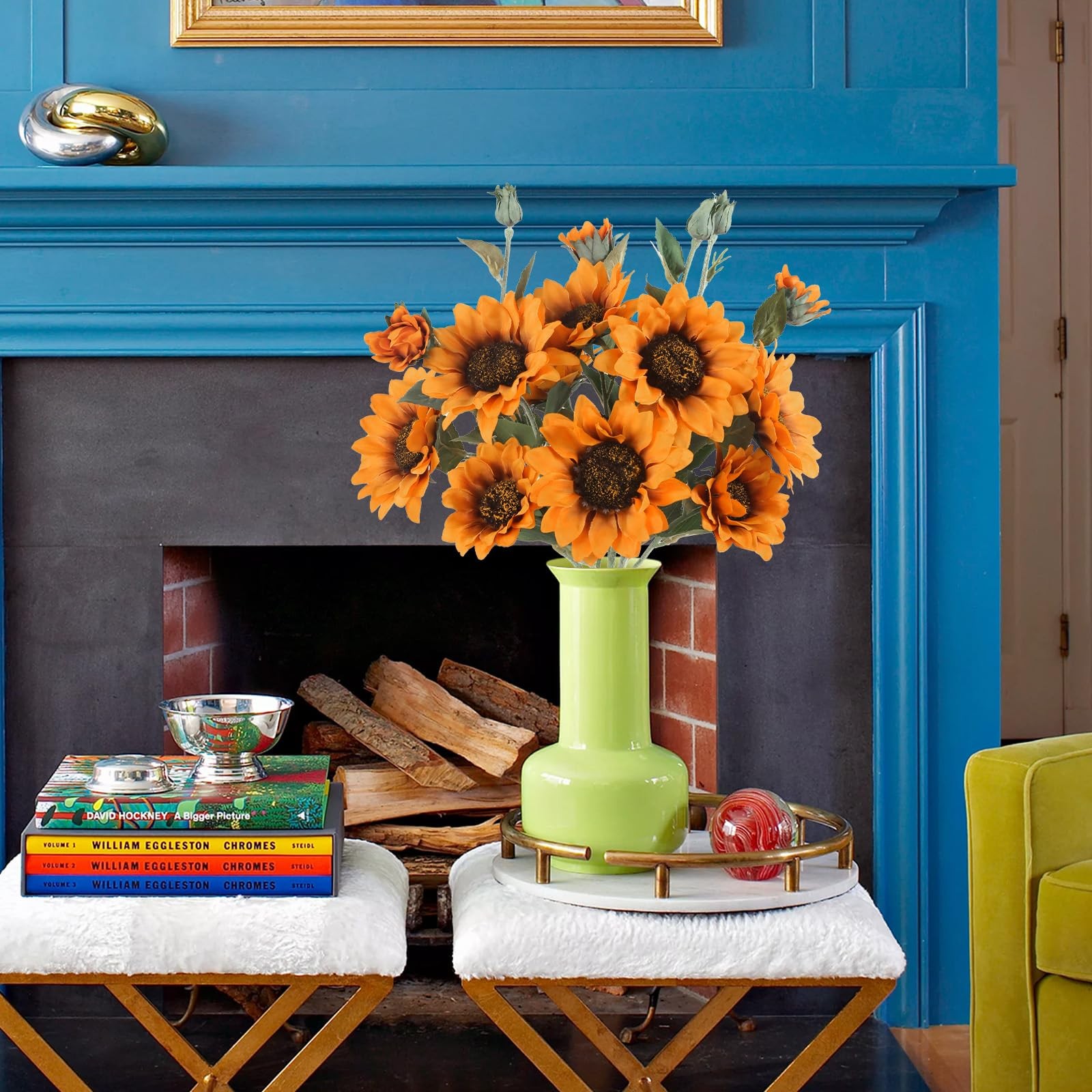 Artificial Sunflower Flowers Orange Faux Sunflowers with Long Stems 3pcs Fake