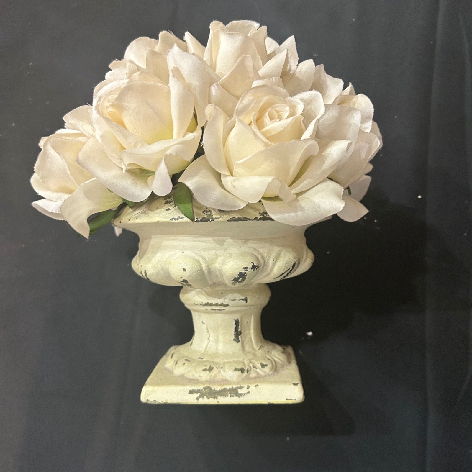 Distressed Cream Urn Planter w/White Faux Roses French Country Floral Home Decor