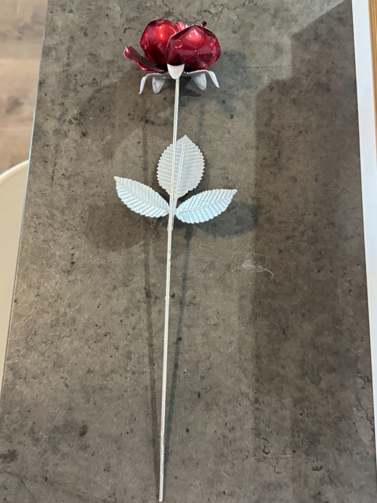 Vintage Metal Rose Sculpture Red Enamel Flower Long Stem Décor Gift