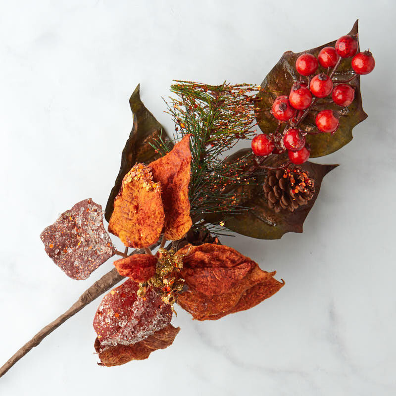 Set of 4 Glittered Copper Artificial Poinsettia 18″ Picks with Berries