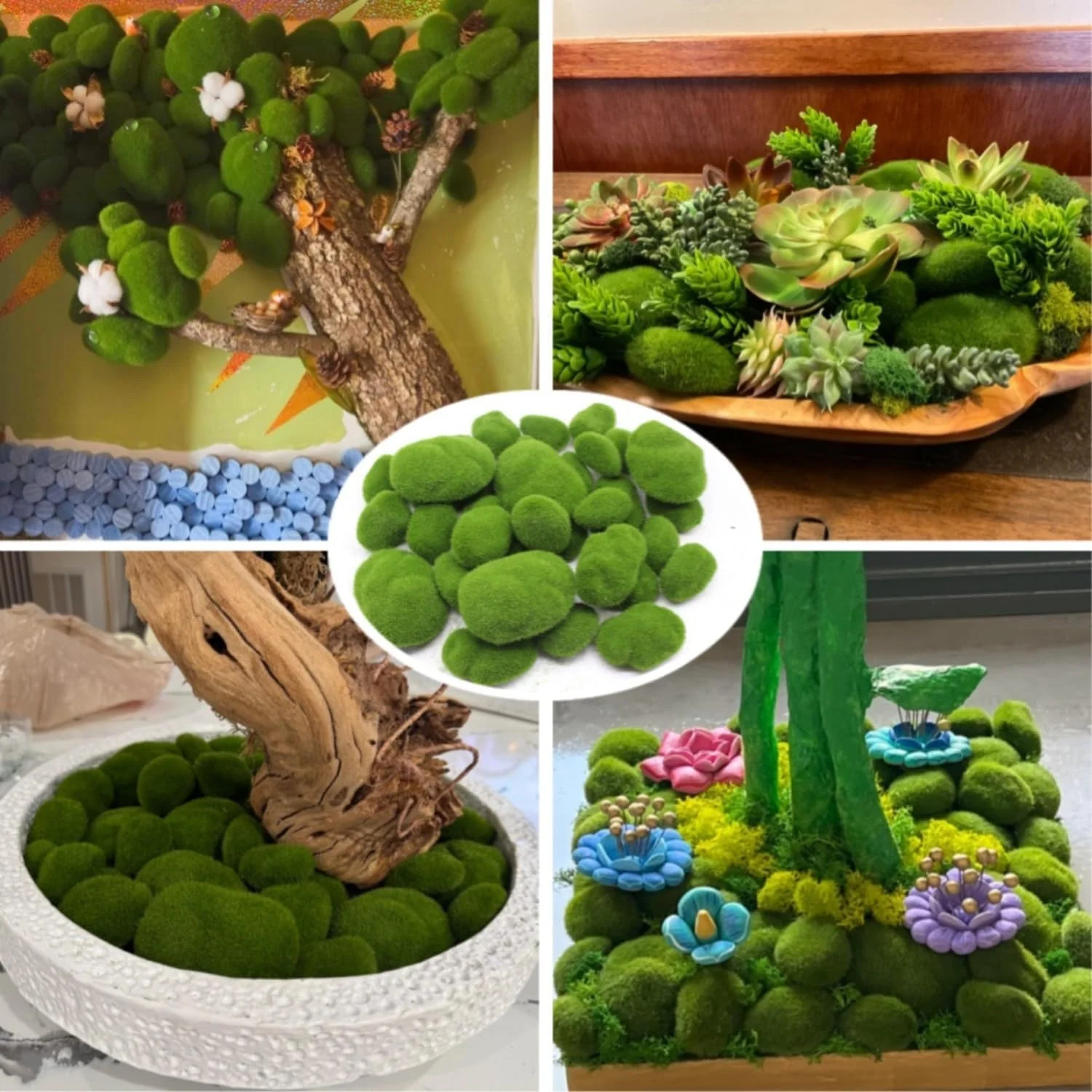 Artificial Moss Rocks Decorative, 35 Pcs Green Moss Balls, 5 Sizes, F