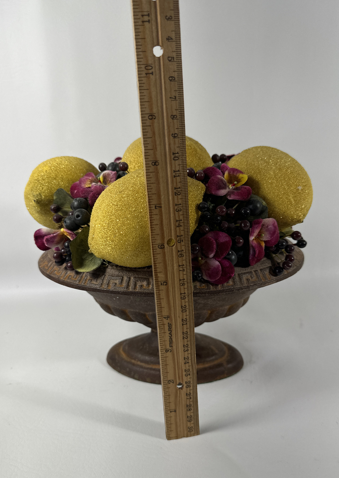 Vintage Rare Artificial Lemon Arrangement In A Cast Iron Vase Bass Green Bottom
