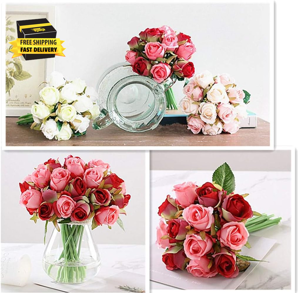 Artificial Roses Fake Flowers 12 Heads Arrangement Silk Bouquet for Home Office