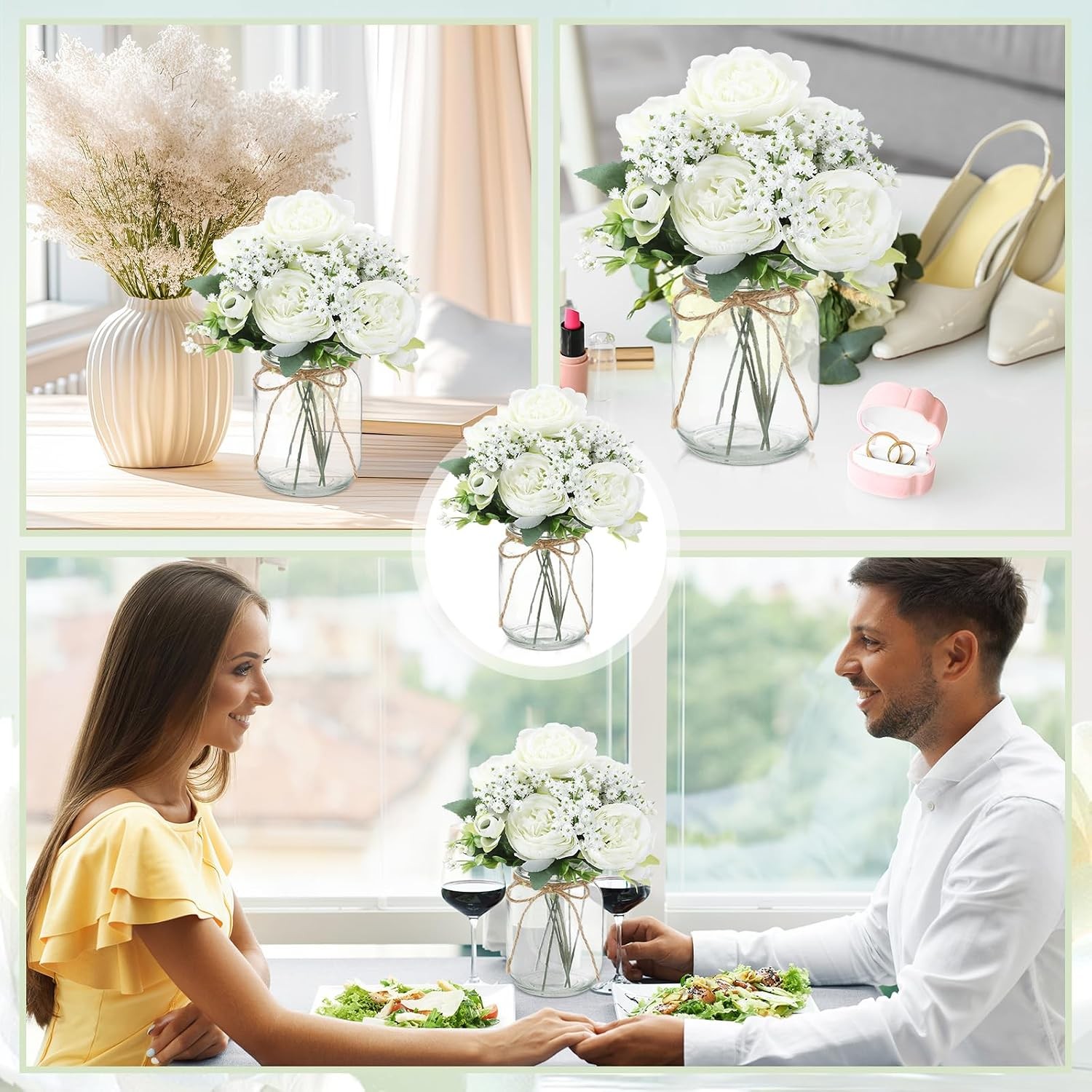 12 Sets Mason Jar Centerpiece Table Decorations Artificial Peony Baby’s Breath