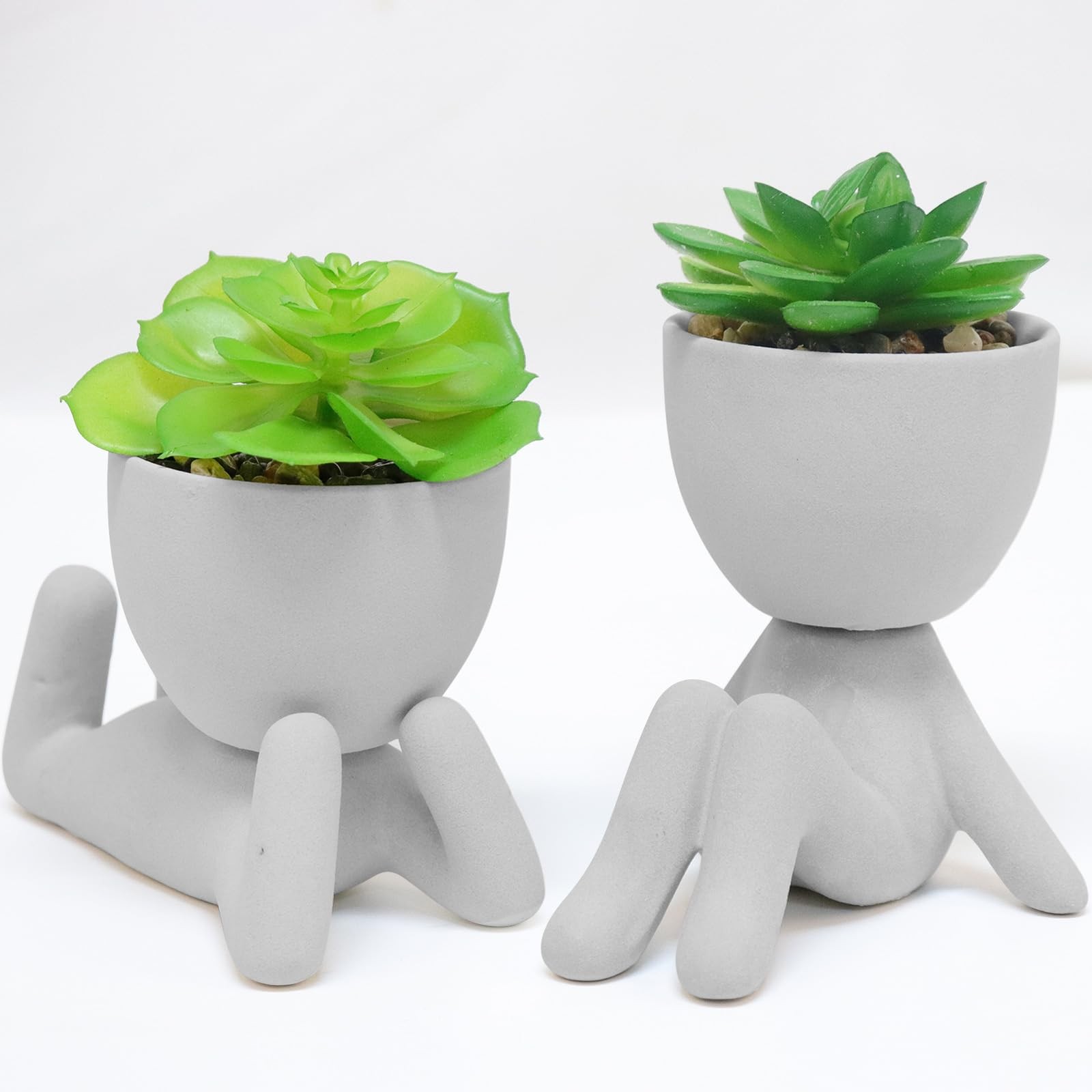 Cement Gray Artificial Succulent Plants Human Shaped Pots Desk Decor 2 PCS
