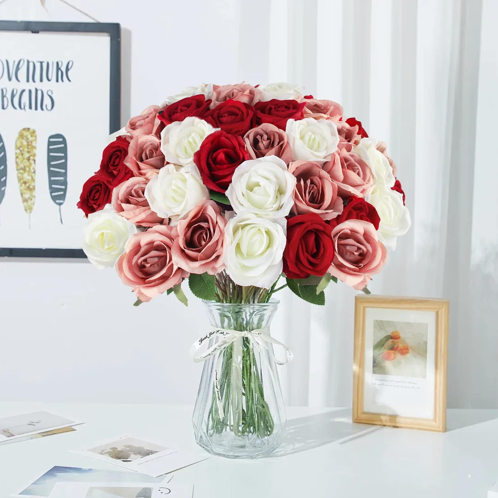 Artificial Roses Bulk White Rosy Silk Rose with Stem, 52pcs Fake Flowers Deco…