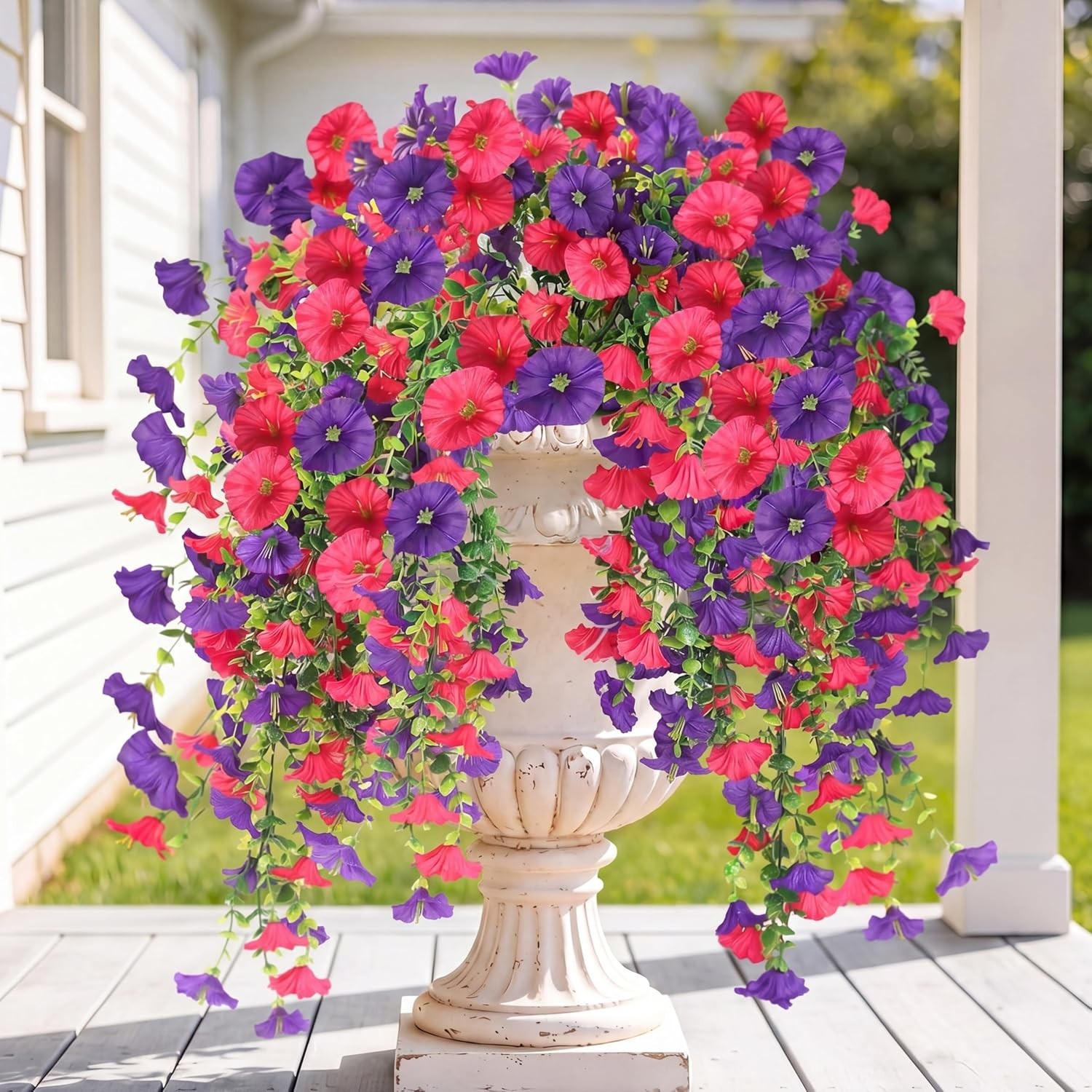 Elegant 2PCS Artificial Hanging Flowers: UV Resistant Morning Glory & Eucalyptus