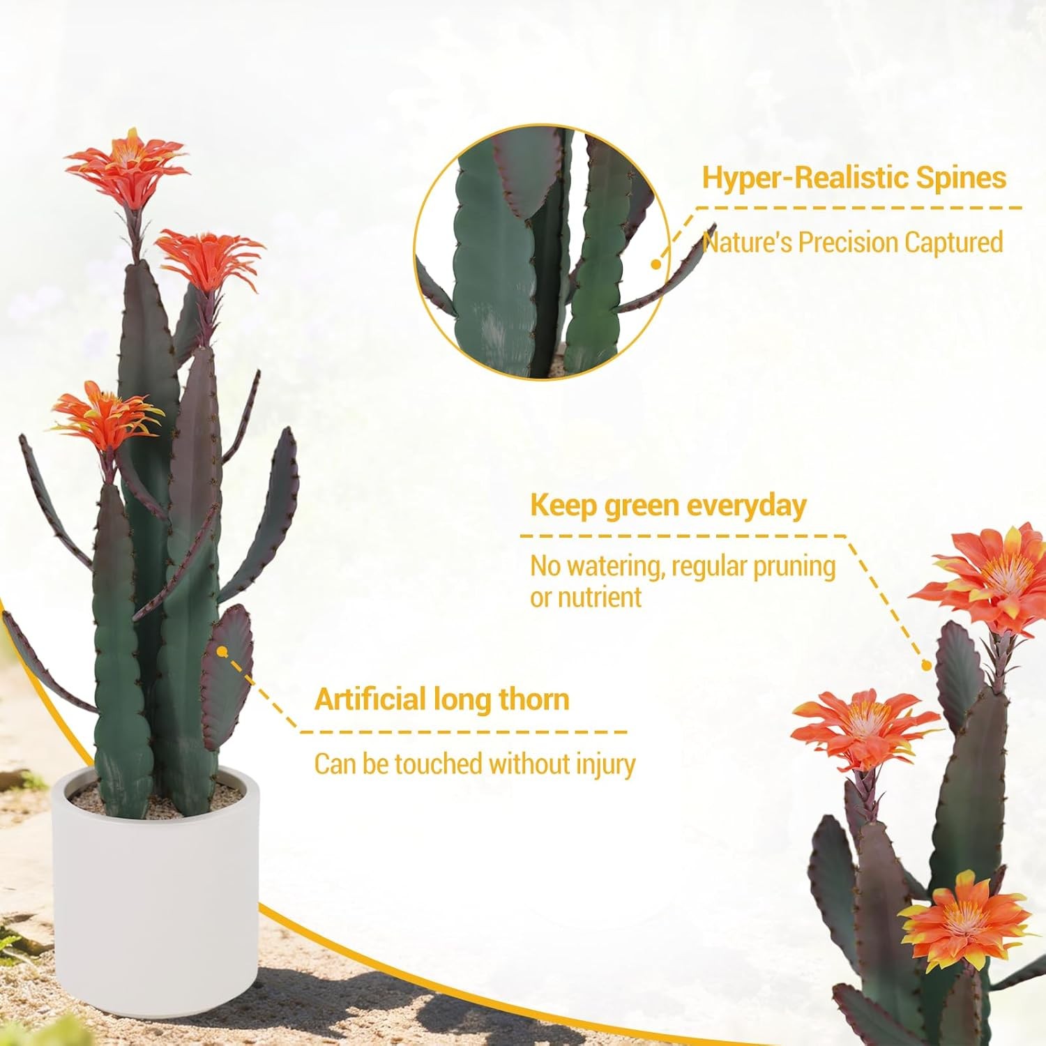 Artificial Cactus in Pot with Stone and Red Flower, Decorative Desert Cacti