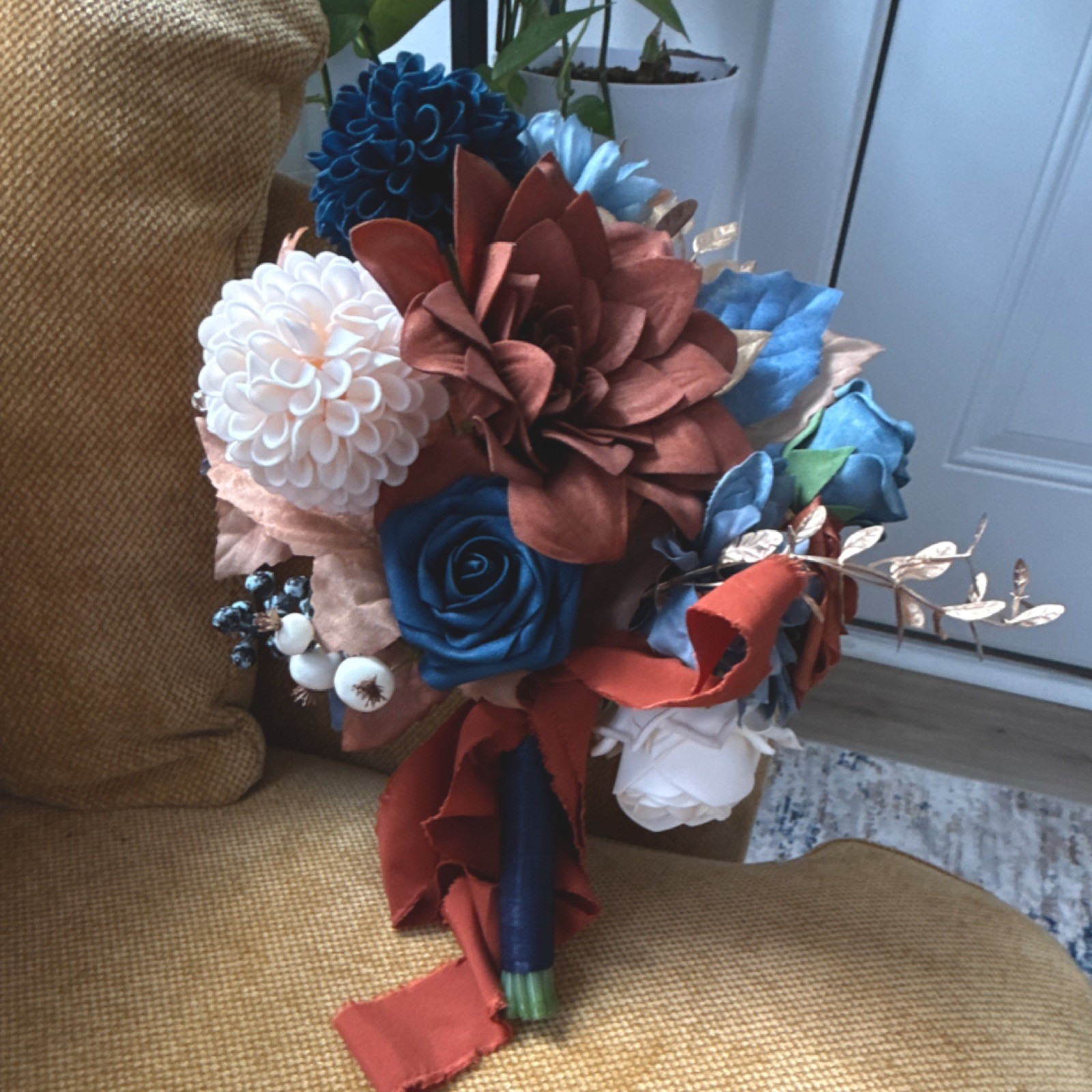Ling’s Moment Bridesmaid Bouquet, Russet Orange and Denim (4x)