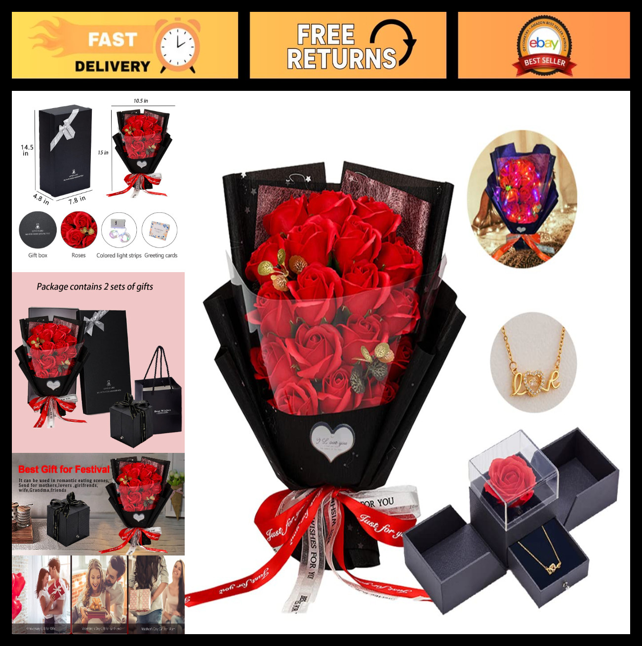 Artificial Red Roses Bouquet with Love Necklace – Unique Gift for Valentine’s Da
