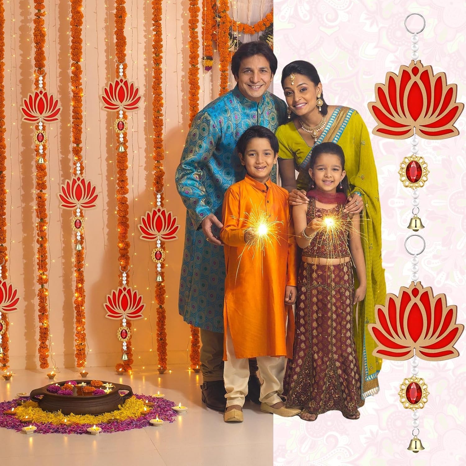Lotus Diwali Decorations 10Pcs Floral Wall Hanging Garlands Bell Style Decor