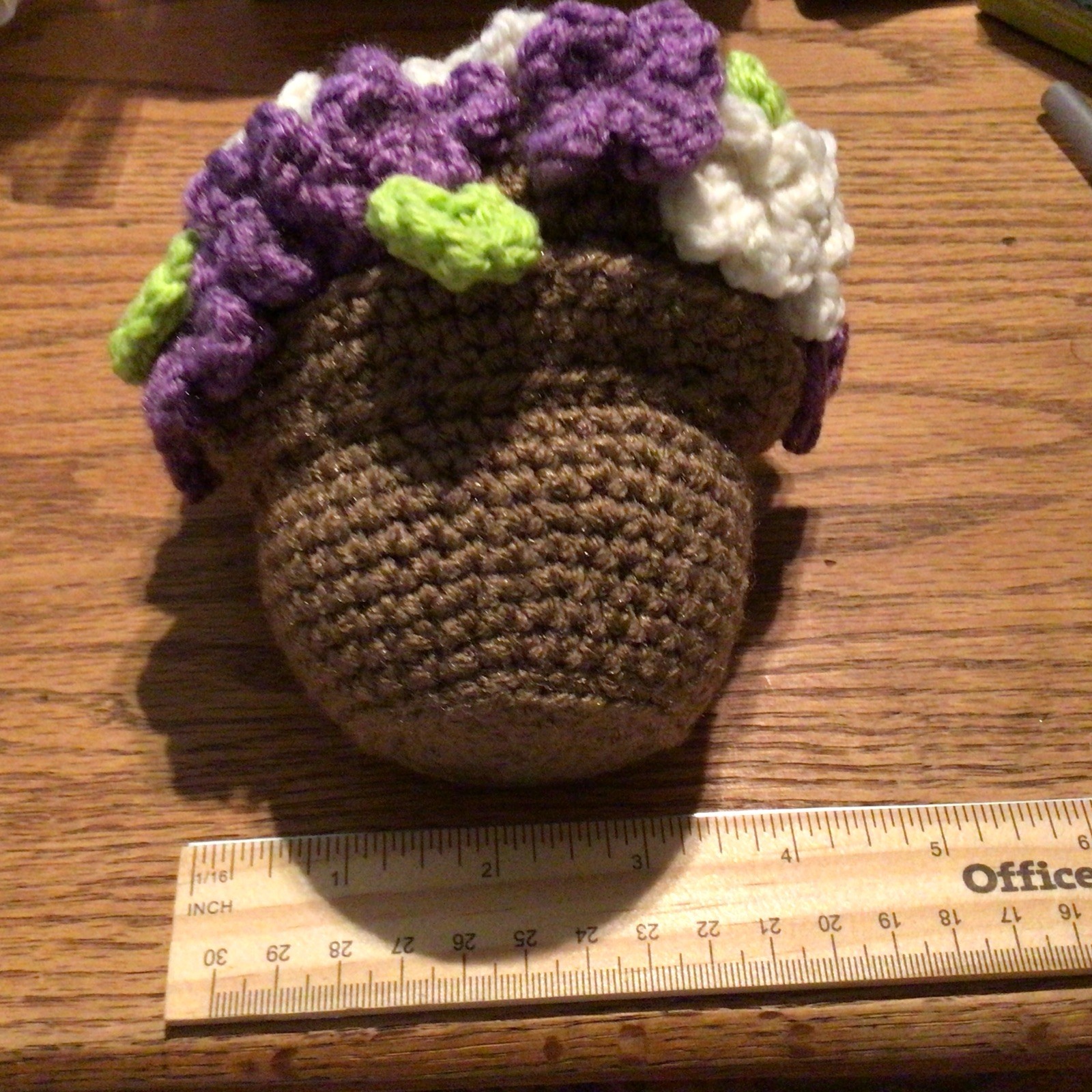 Crochet Bouquet in Yarn Vase, Handmade Floral, Purple, white, green, brown
