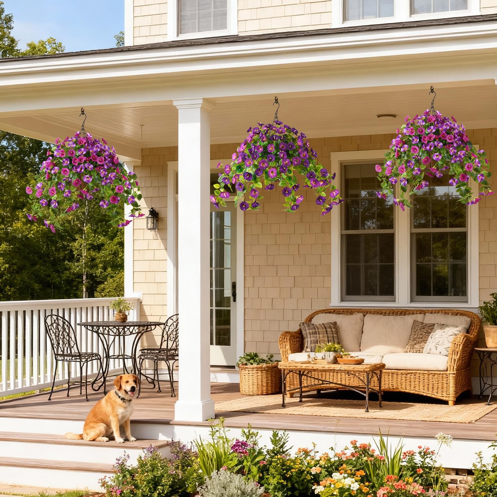 Homsunny Artificial Hanging Fake Flowers with Basket Plants for Outdoor Decor