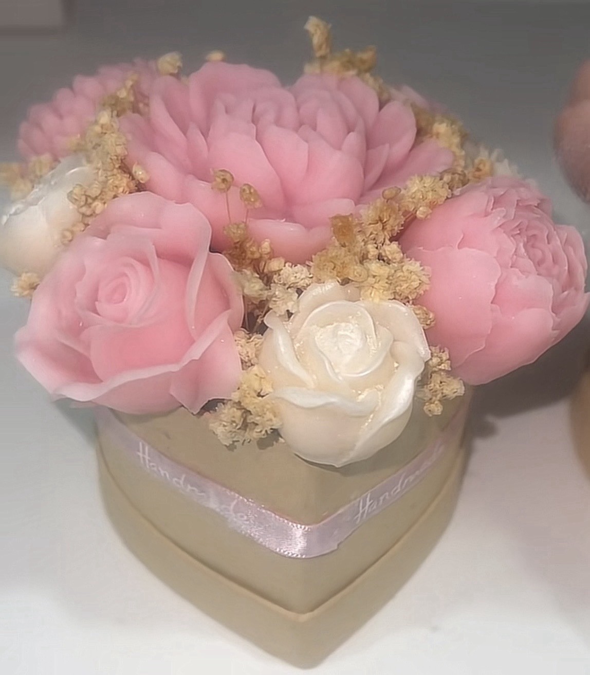 Candle Rose Arrangement Centerpiece Flower Box Pink White Beige Silk