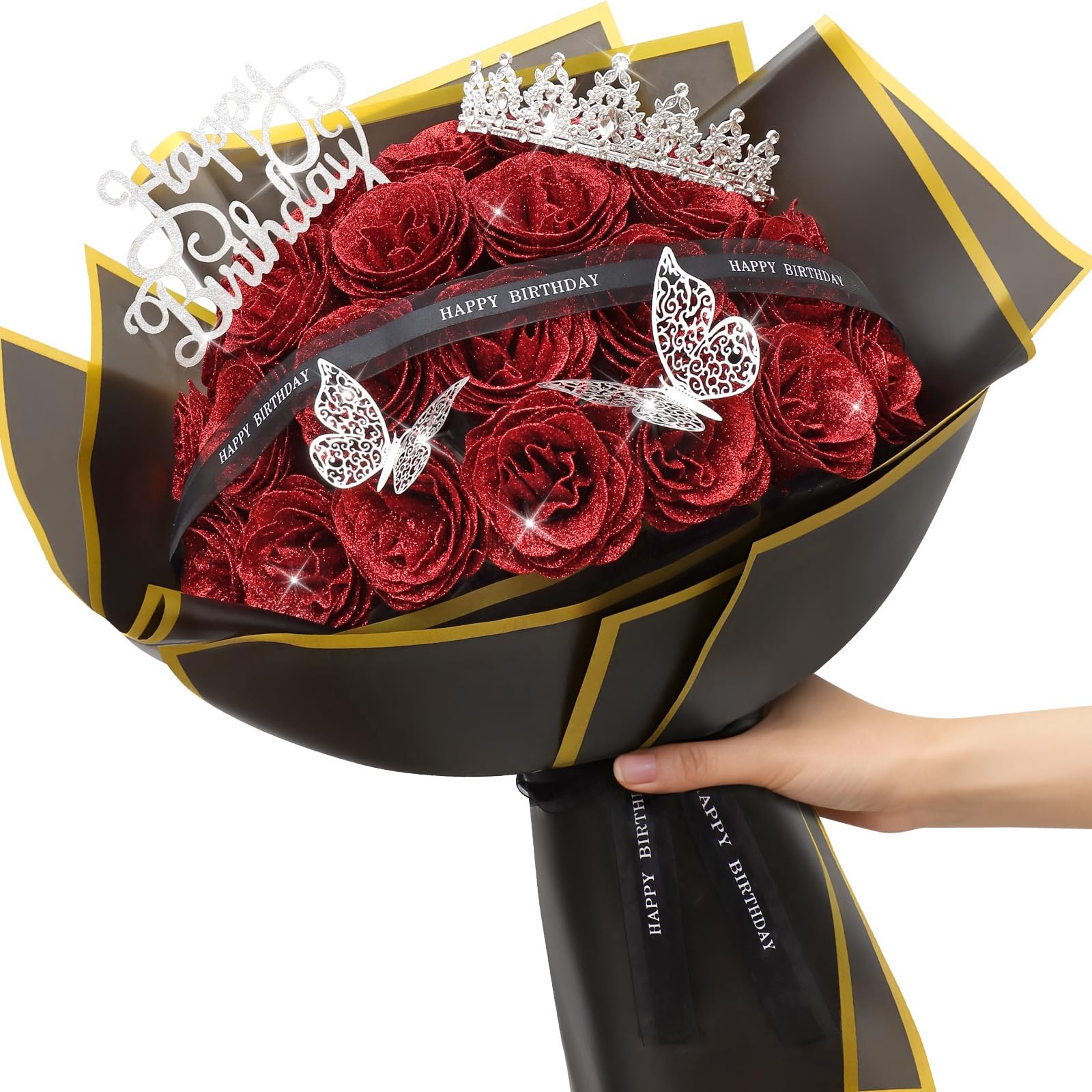 24 PCS Red Glitter Roses Bouquet Fake Flowers With Birthday StandUp Signs DIY