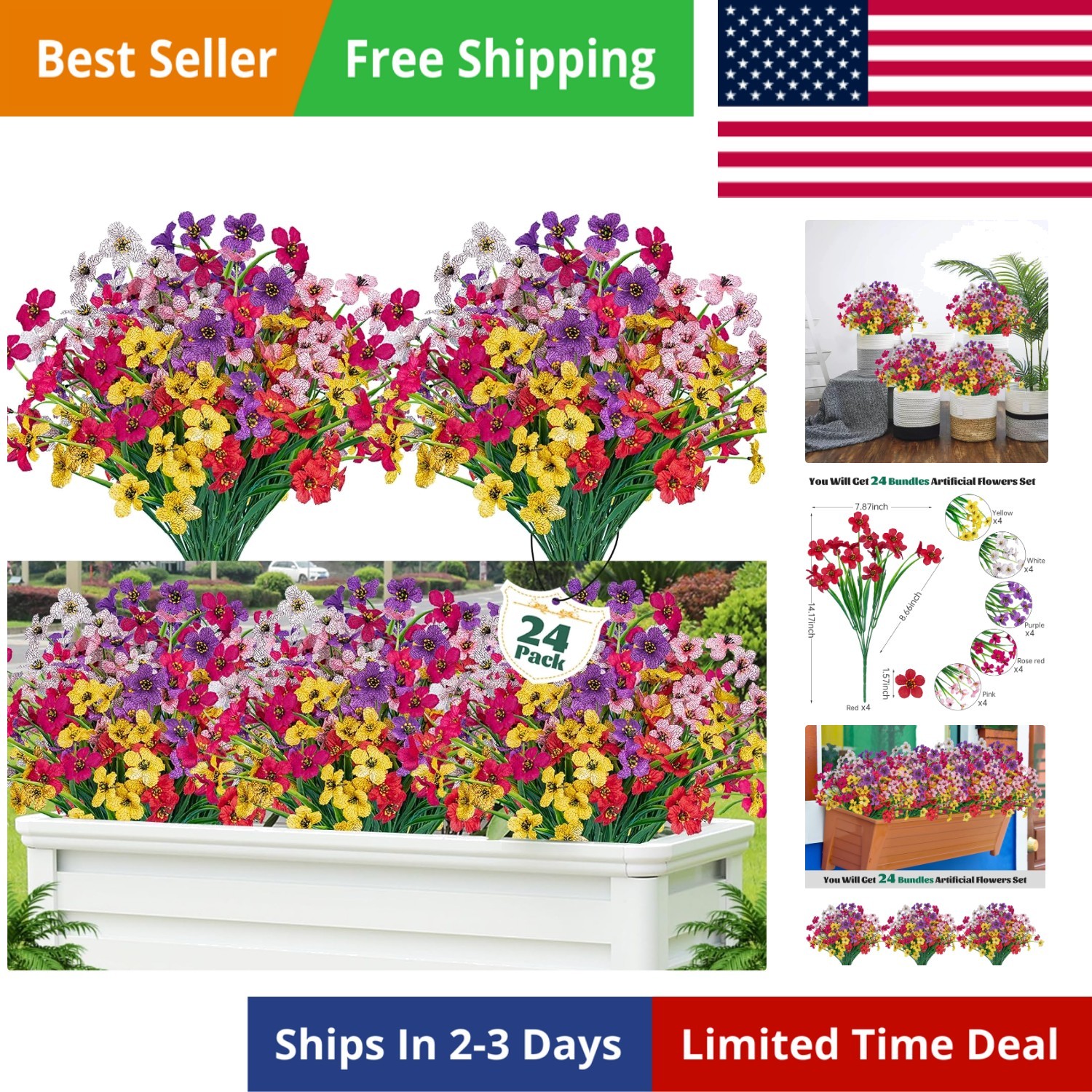 24 Pcs Artificial Flowers for Outdoor,Plastic Flowers Decoration, UV Resistan…