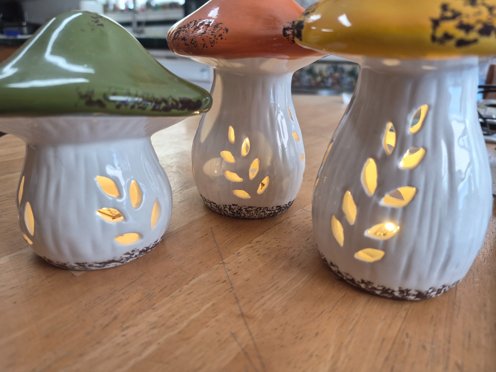 3 Lighted Mushroom Fairy Lights Ceramic Home Table Decor Orange Yellow Green