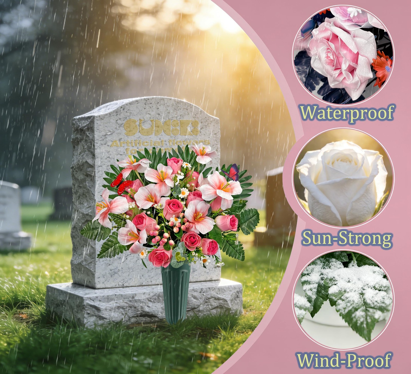 Grave Flowers Memorial Day Spring Pink Bouquet With Vase Headstone 1 PCS
