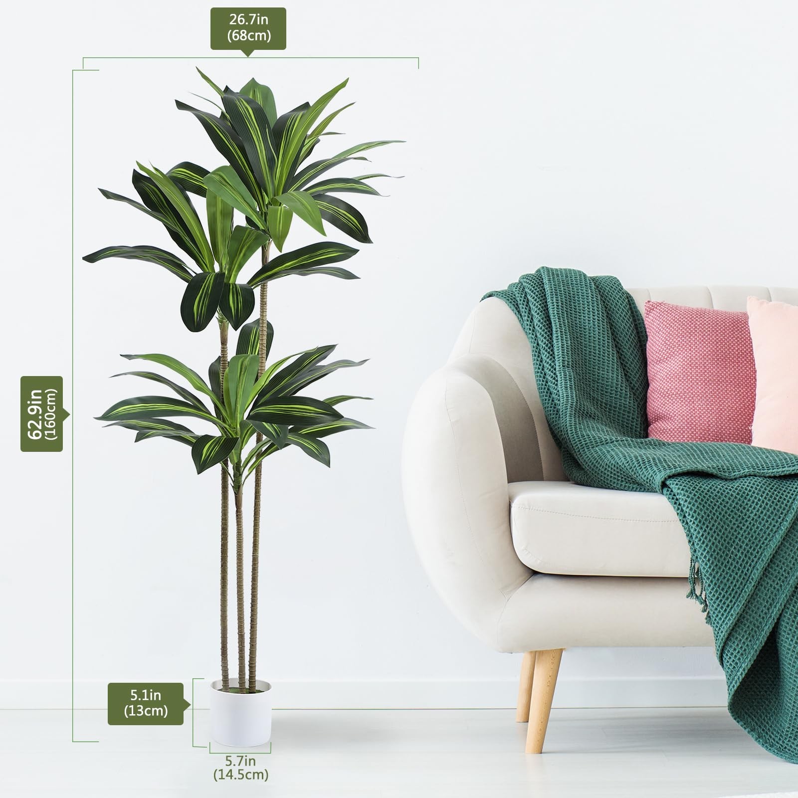 Artificial Dracaena Tree 5FT Fake Plant with White Small Planter Faux Silk Ta…