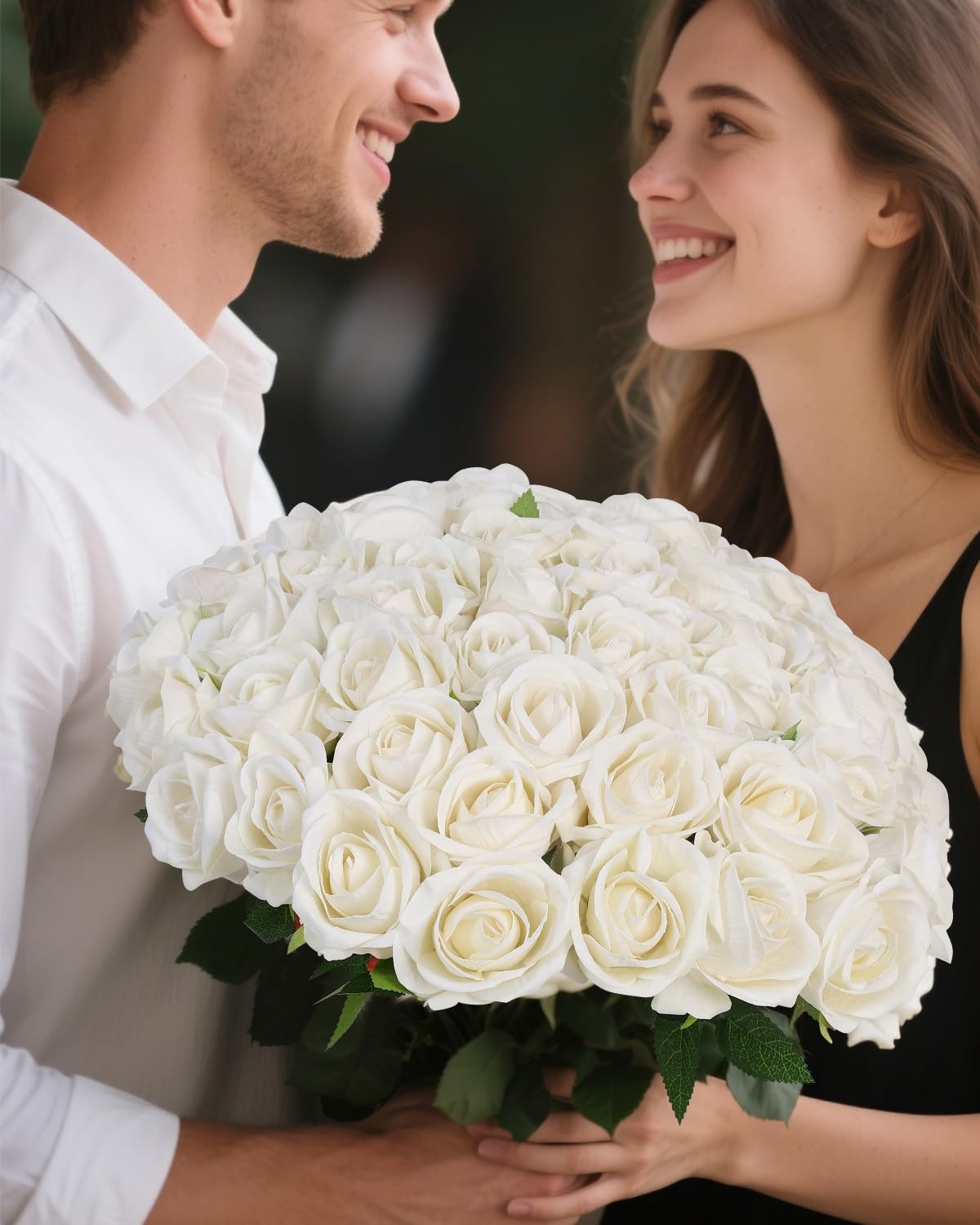 White Roses Artificial Flowers in Bulk, 50Pcs Premium Velvet Fake Roses with …