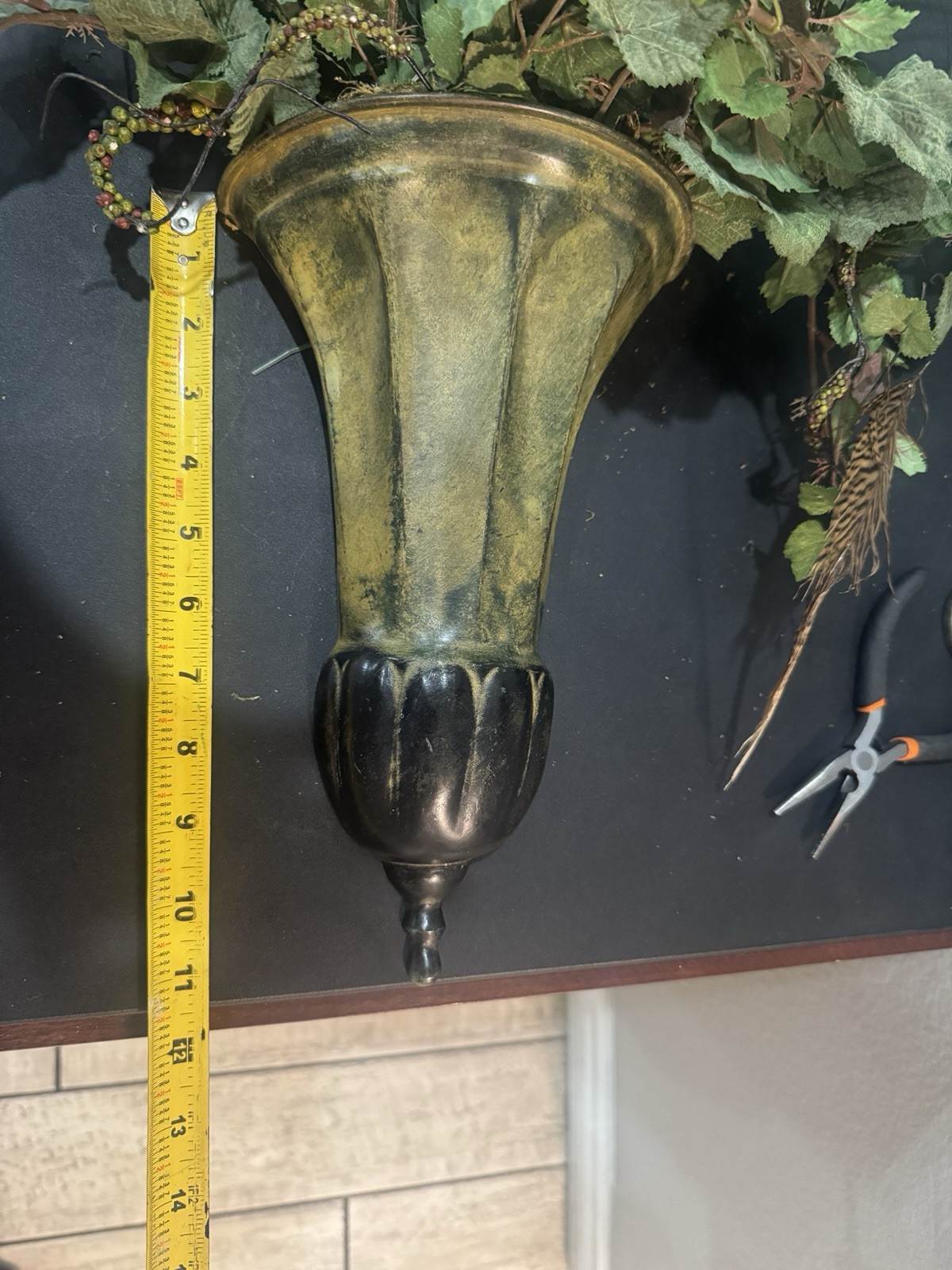 Beautiful 2 Mid-Cent. Metal Wall Scones W/Artificial Foliage 25×15 (Cone 11.5×7)