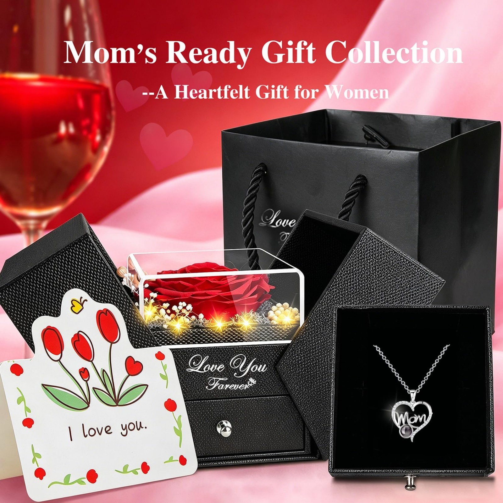 Unique Mother’s Day Gift – Preserved Red Roses & “I Love You” Necklace, Perfect
