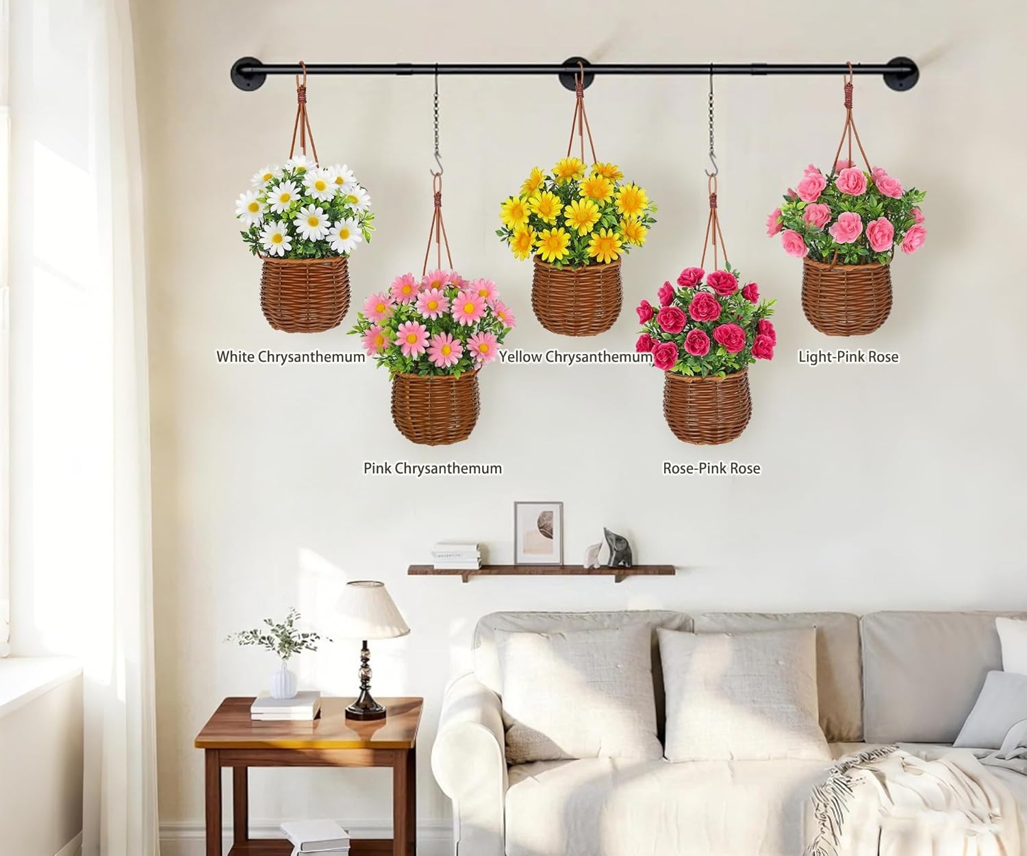 Artificial Rose Flowers with Hanging Woven Basket, Faux Blooming Roses in Fake R