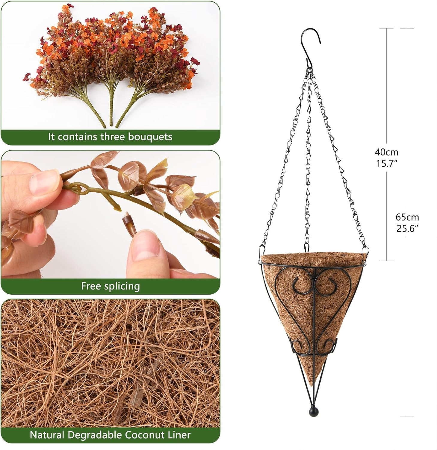 Autumn Faux Mums Hanging Basket – UV Resistant Orange Brown Floral Decor
