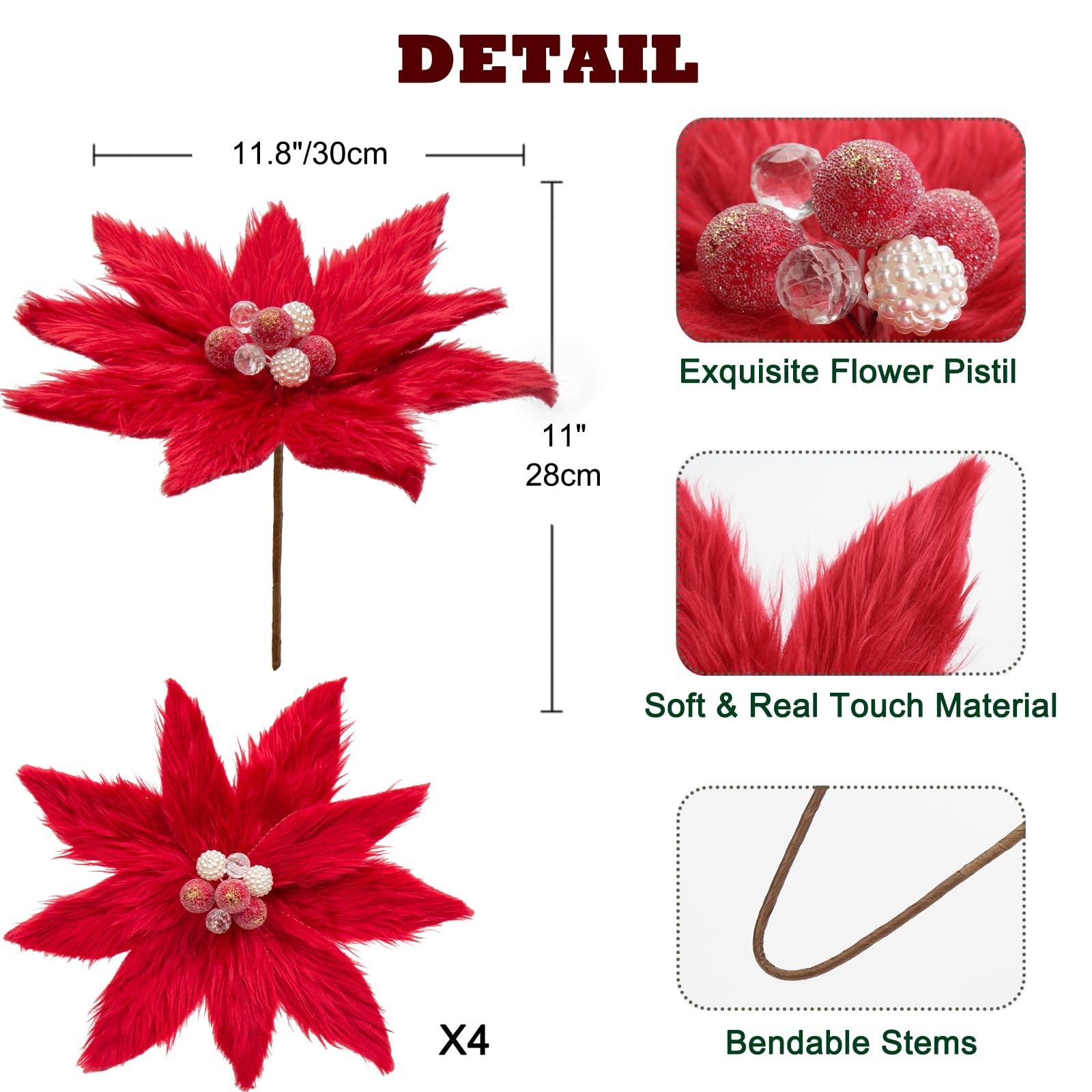 4PCS Poinsettias Artificial Christmas Flower Picks 11.8 Inch Large Plush Fake…
