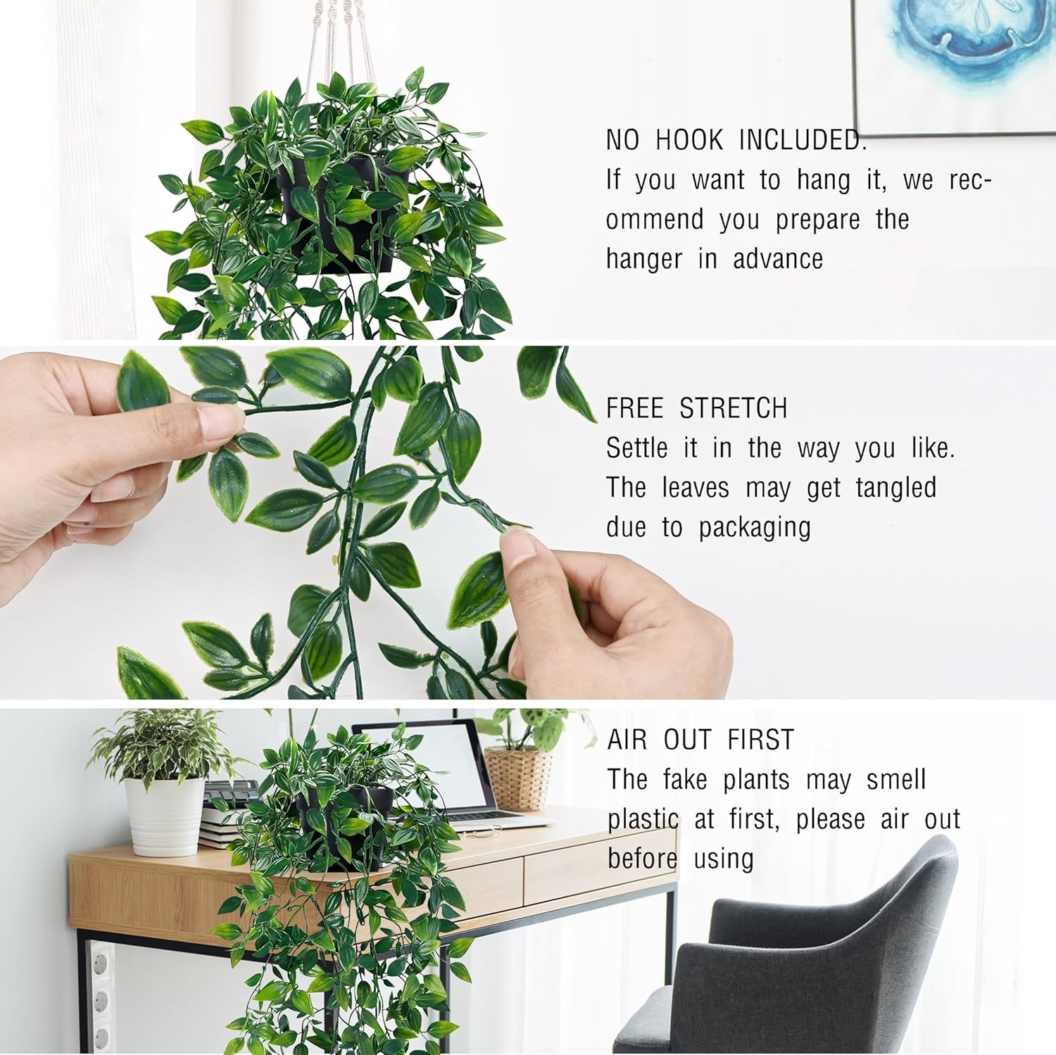 2Pcs Fake Hanging Plants with Pot Deep Green Eucalyptus Leaves UV Resistant Fake