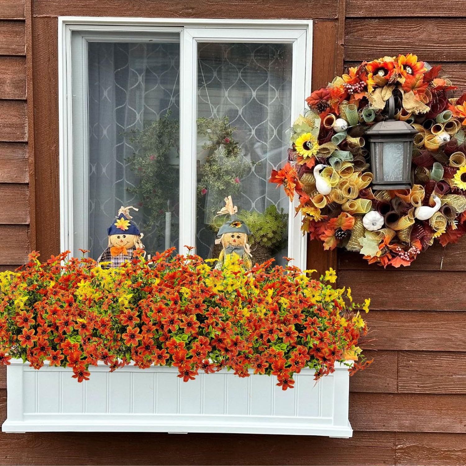 12 Bundles Faux Fall Flowers Artificial Mums for Outdoors (Orange+Yellow)