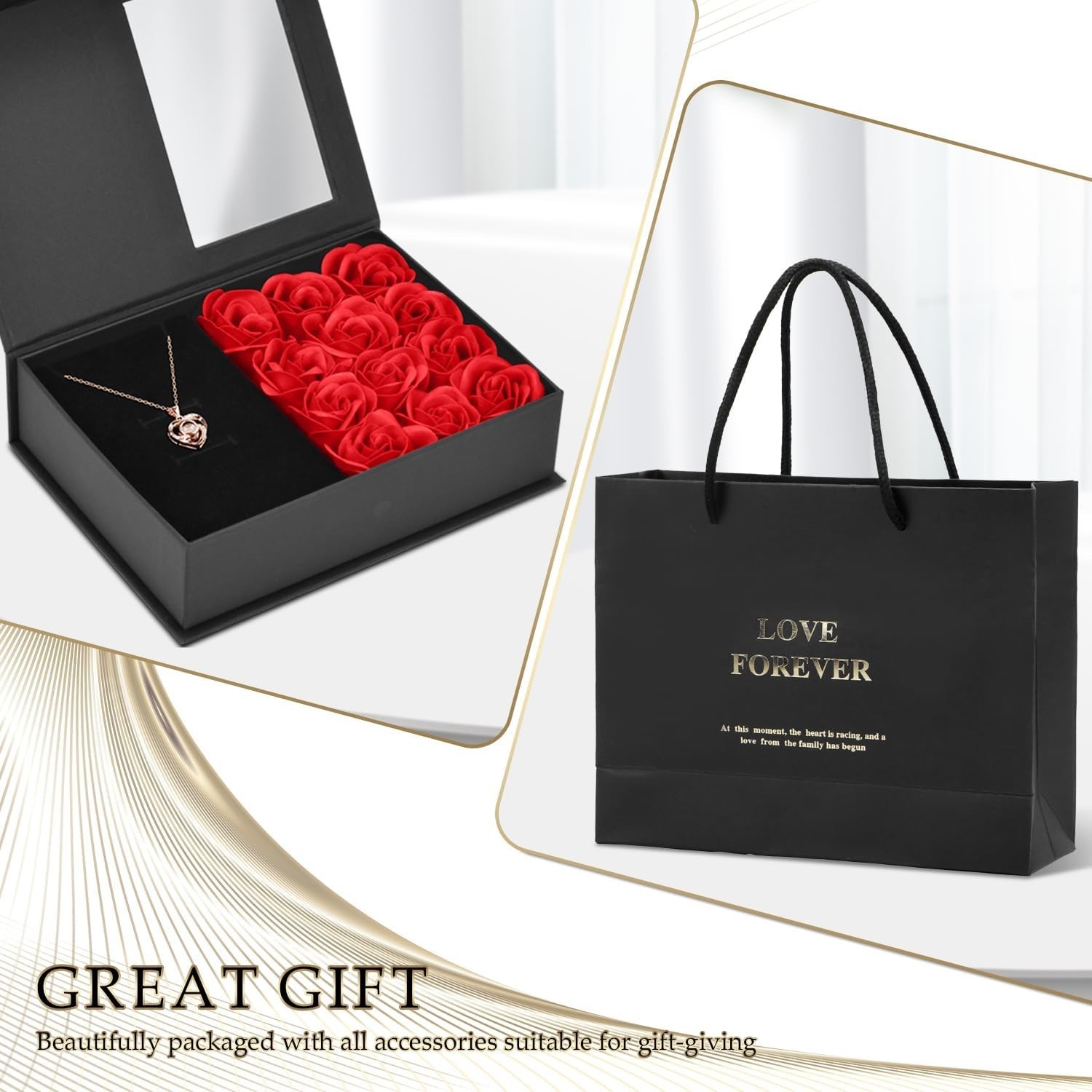 Preserved Eternal Real Rose Flower Gift Box With 14K Gold Plated Silver Necklace