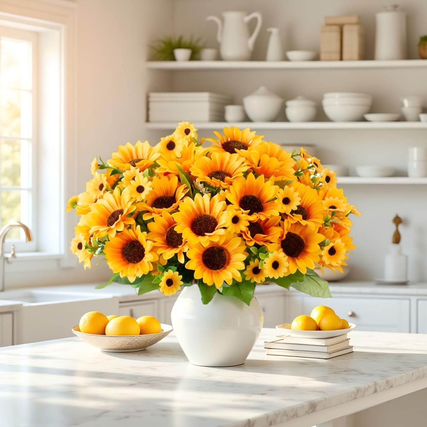 Realistic UV-Resistant Artificial Sunflowers – 6 Silk Bouquets, 78 Lifelike F…