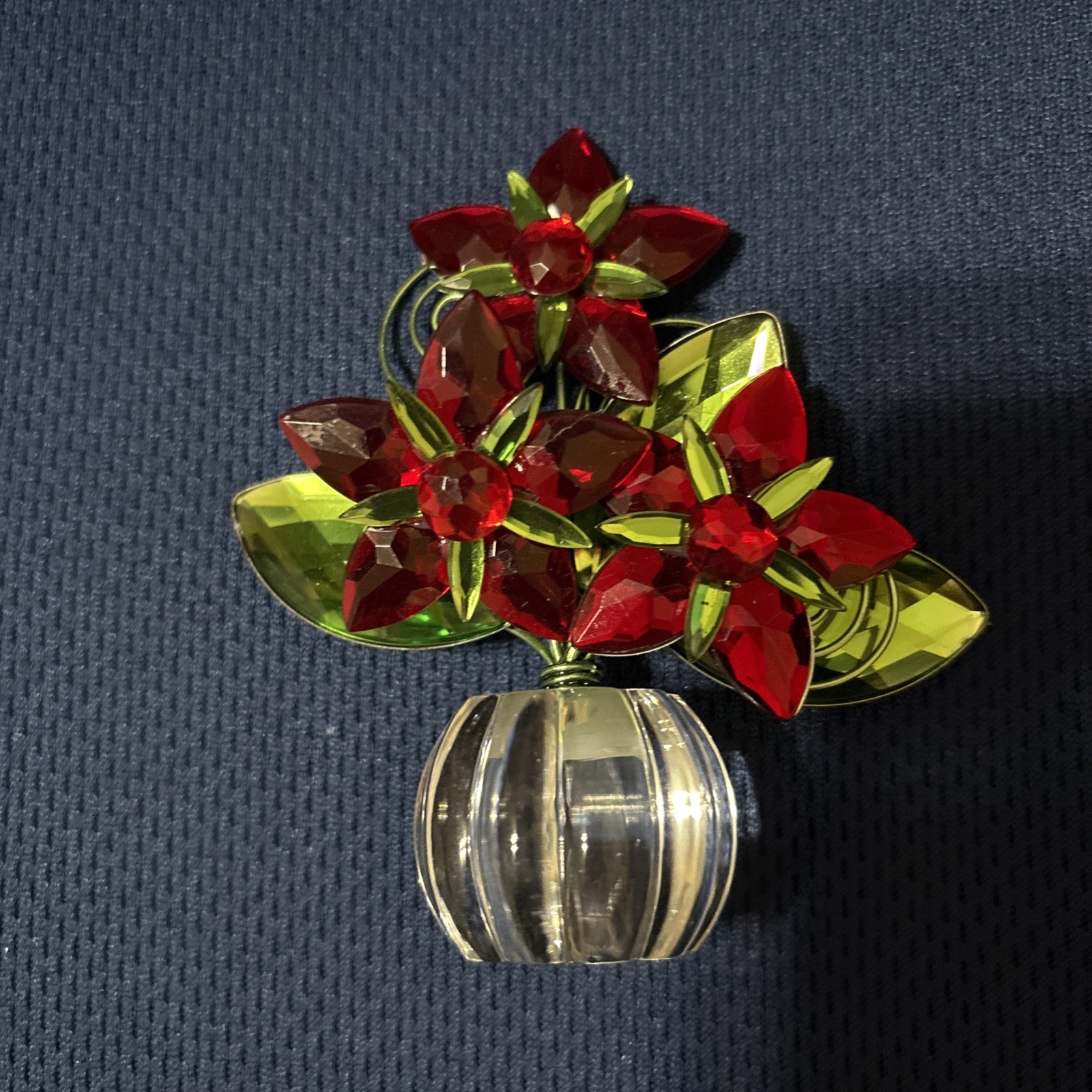 Decorative Hard Plastic Metal Red Flowers & Vase 4″ Tall Sparkly Holiday