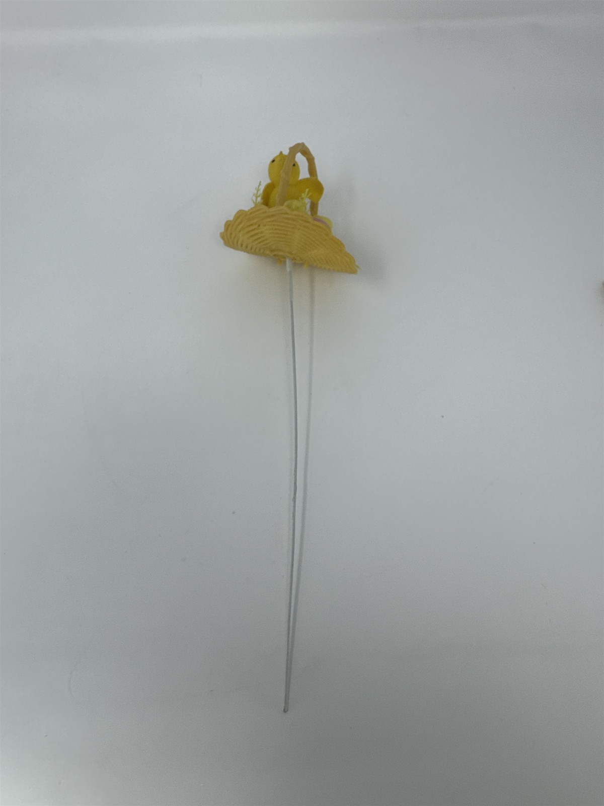 Vtg Easter Basket Chick Floral Pick Flocked Yellow Bird Plastic Eggs Spray 12″