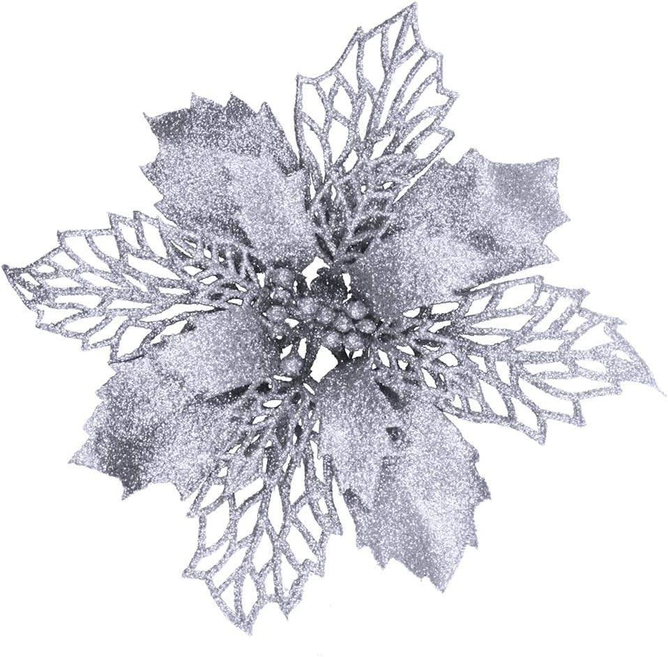 24 Pcs Christmas Silver Glittered Mesh Holly Leaf Artificial Poinsettia Flowers
