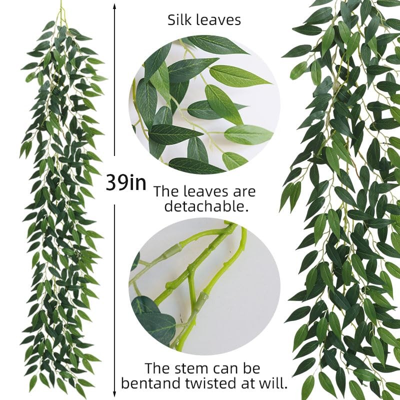 3 Strands Italian Ruscus Artificial Vines, 39″ Silk Vine Garland with Green L…