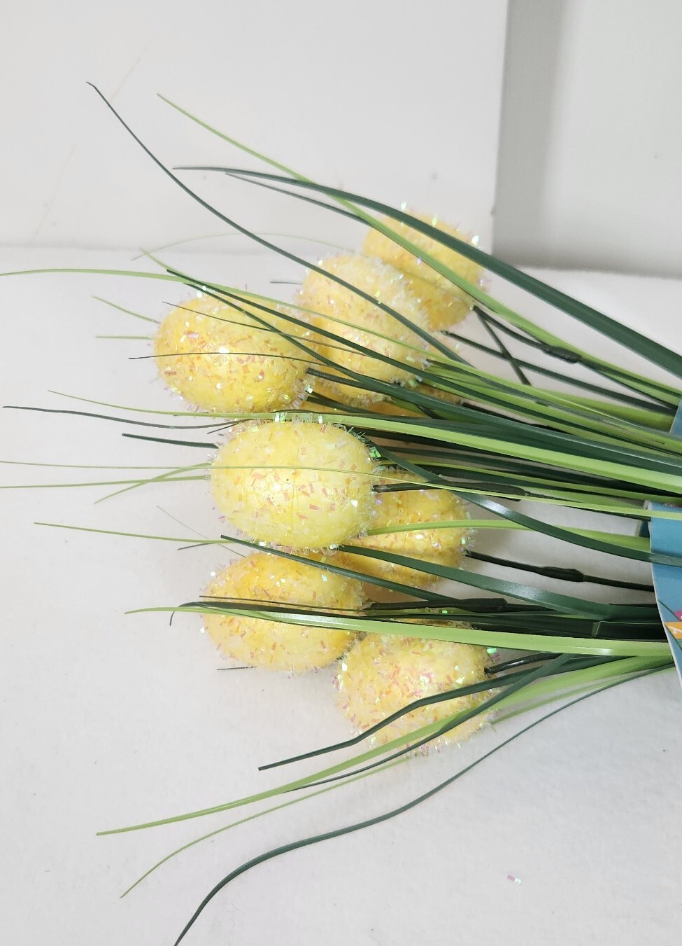 Set of 3 Faux Floral Pick~Onion Grass+Yellow Glittery Easter Eggs SPRING DECOR