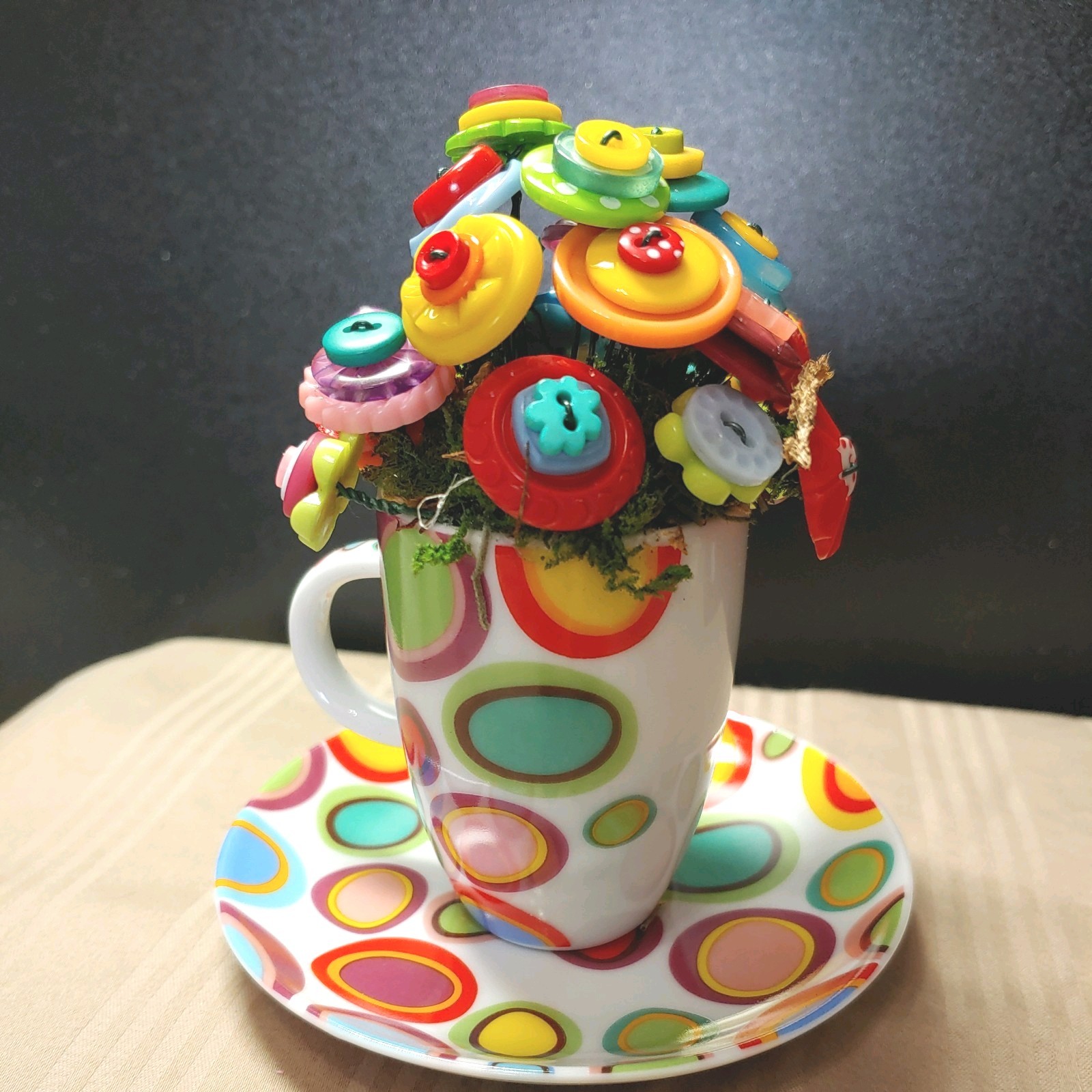 Rainbow Button Bouquet in mini polka dot cup and saucer. only 5 inches tall!