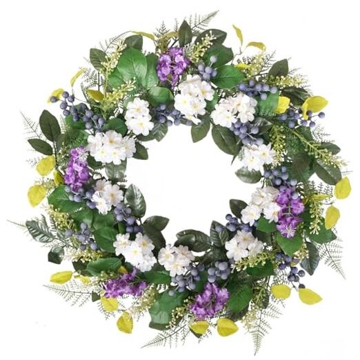 24 Inch Spring Wreath for Front Door – Artificial Blueberry Bunch Wreath with