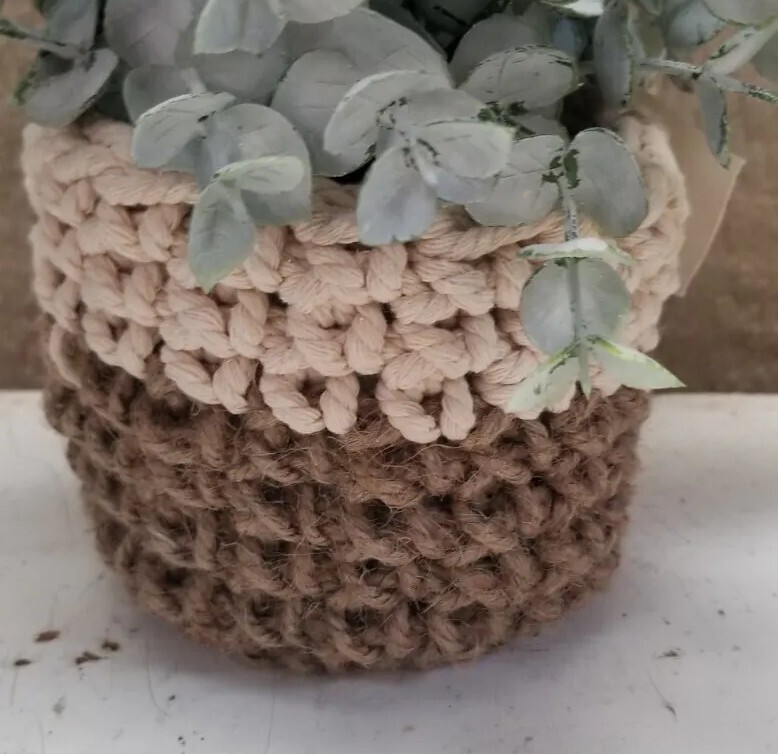 Faux Succulent Plant Dusty Green Crocheted Pot Tan White Jute Twine Cotton 10″