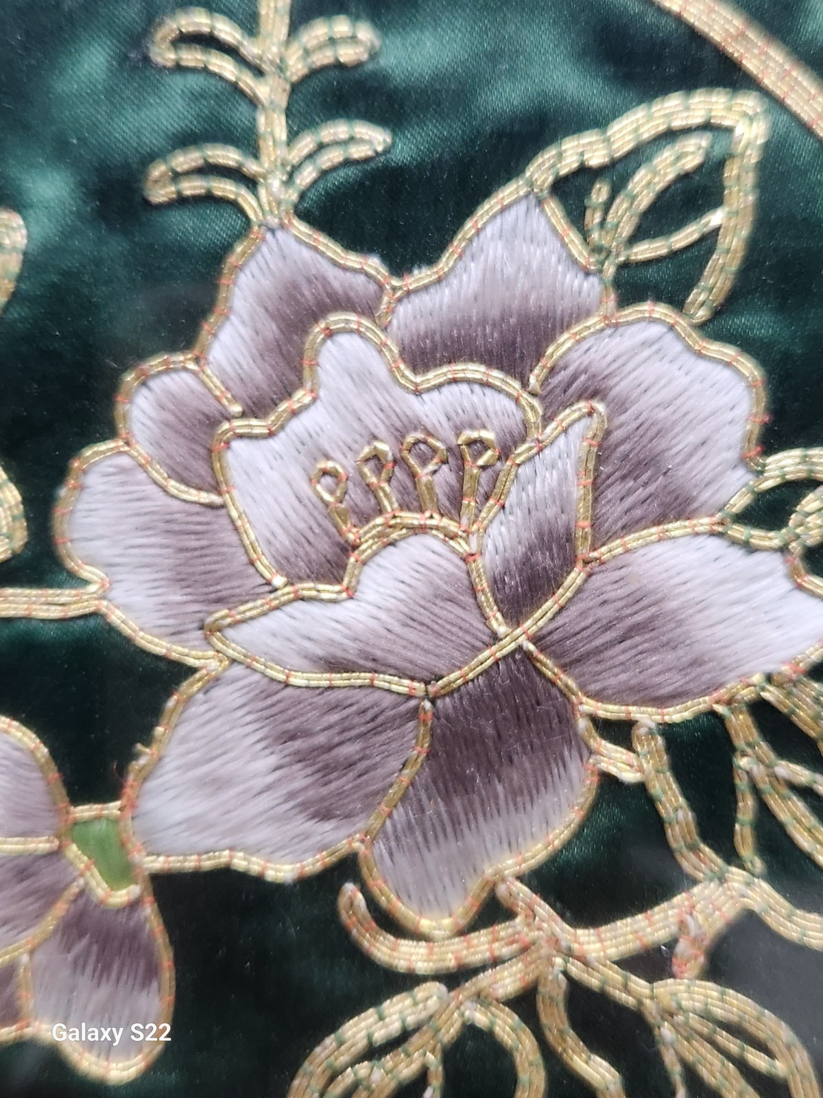 Green Silk Gold Embroidered Hummingbird Floral Professionally Framed
