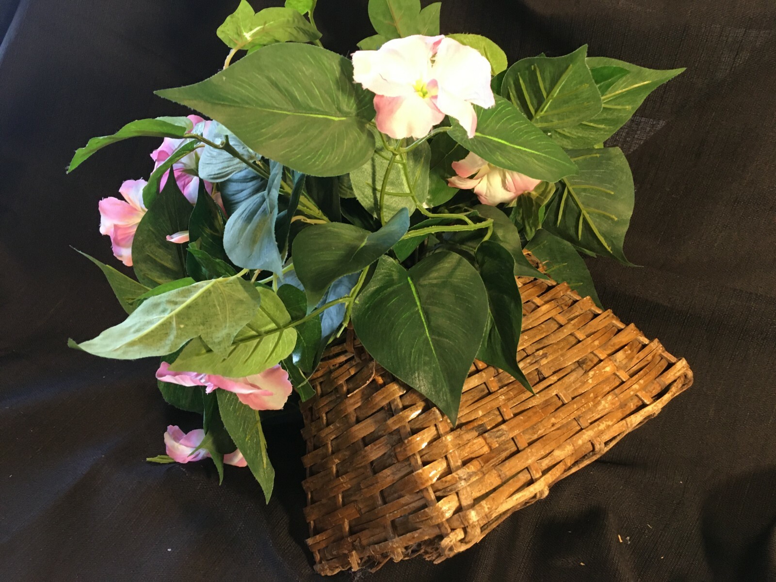 Faux Silk Pink Petunia Greenery In Brown Wicker Basket