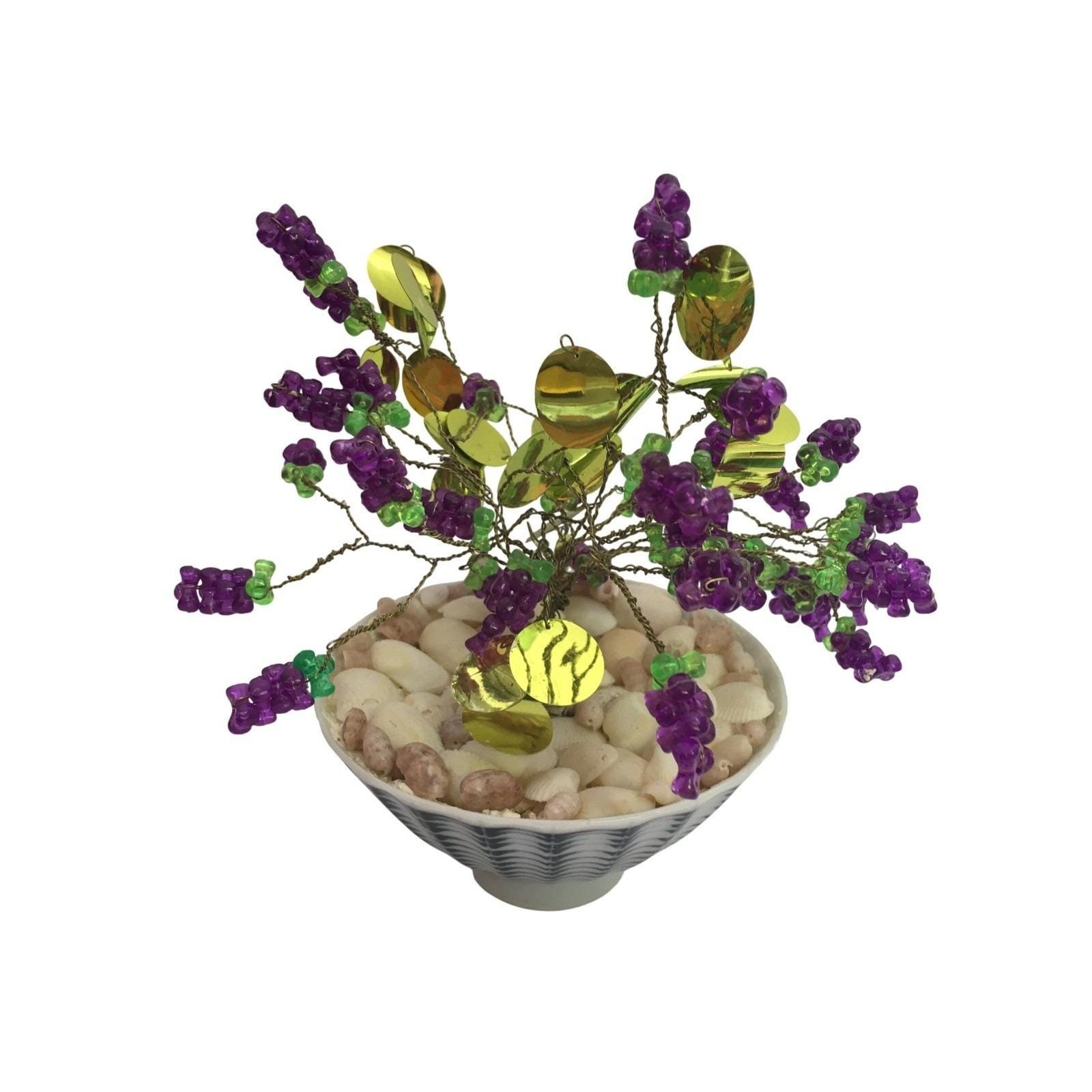 Vintage 50s Asian Beaded Wire Grape Cluster Bonsai Tree in Decorative Bowl