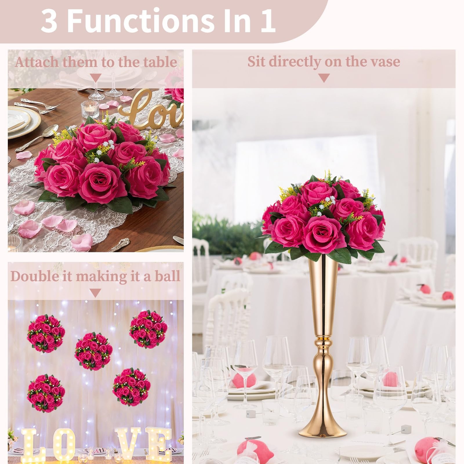 NUPTIO Flower Ball for Table Centerpieces 6 Pcs Hot Pink Artificial Rose Kiss…