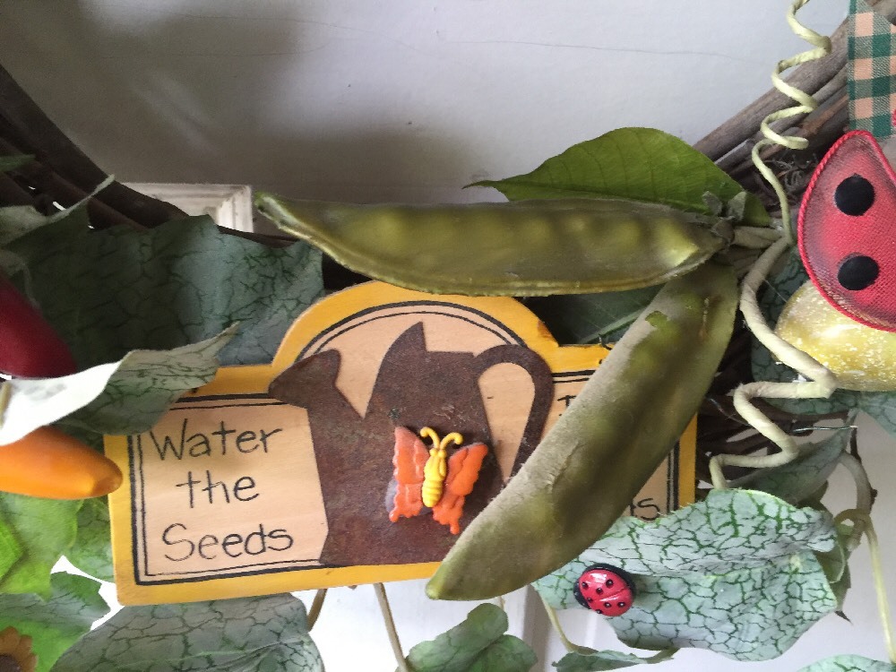 Chili Pepper Sunflower Ladybug Peapod Watering Can Seeds Wreath 16″ by 5″ Deep