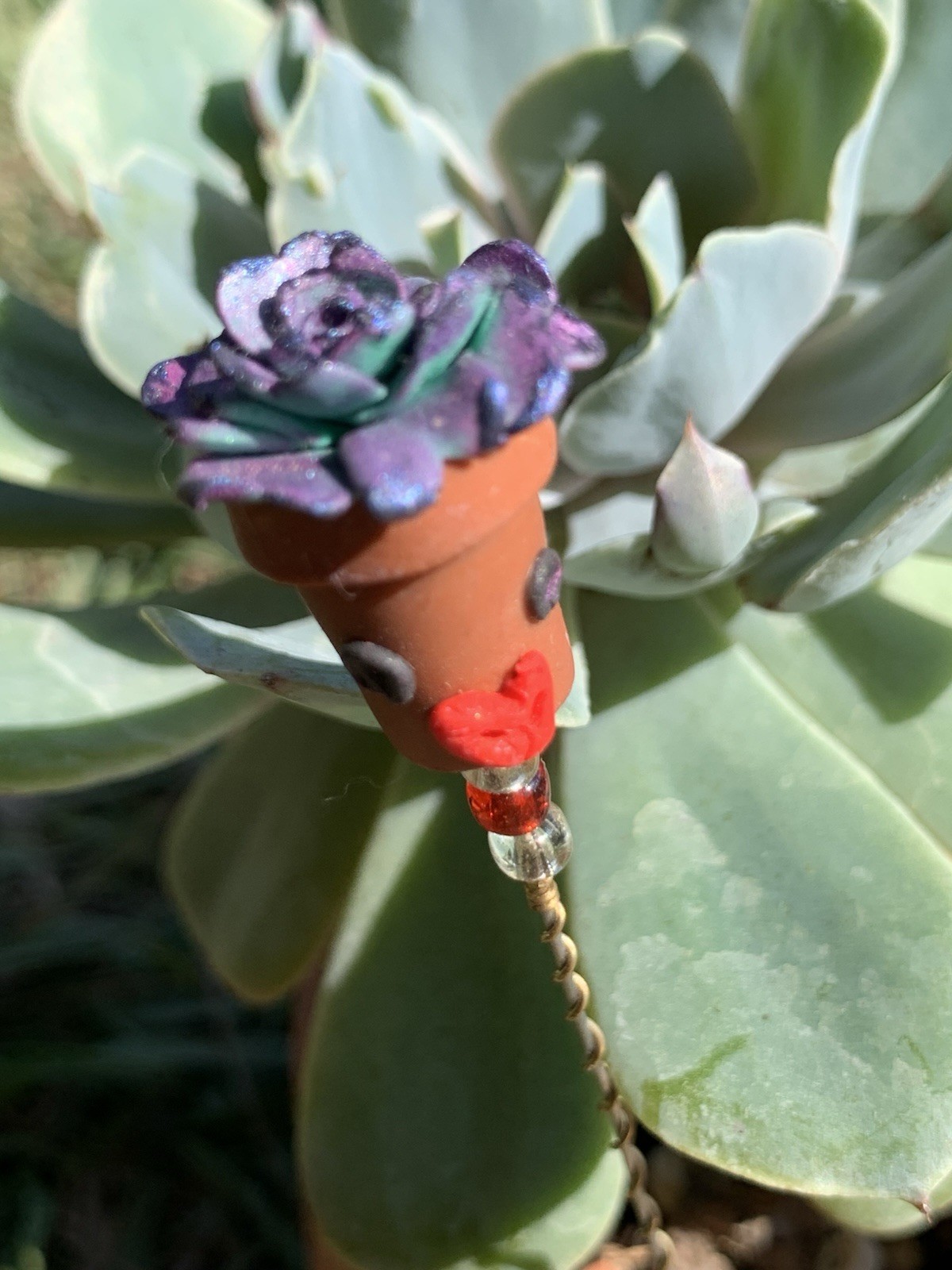 Handmade One Of A Kind Polymer Clay Plant Stick “Pothead” Plant Deco
